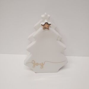 White Ceramic Christmas Tree Tissue Holder with Gold Accents
